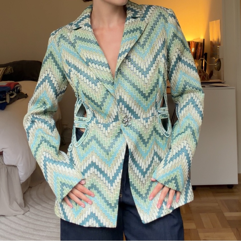 Ramy Brook Metallic Green Chevron Cut Out Pattern Blazer Jacket